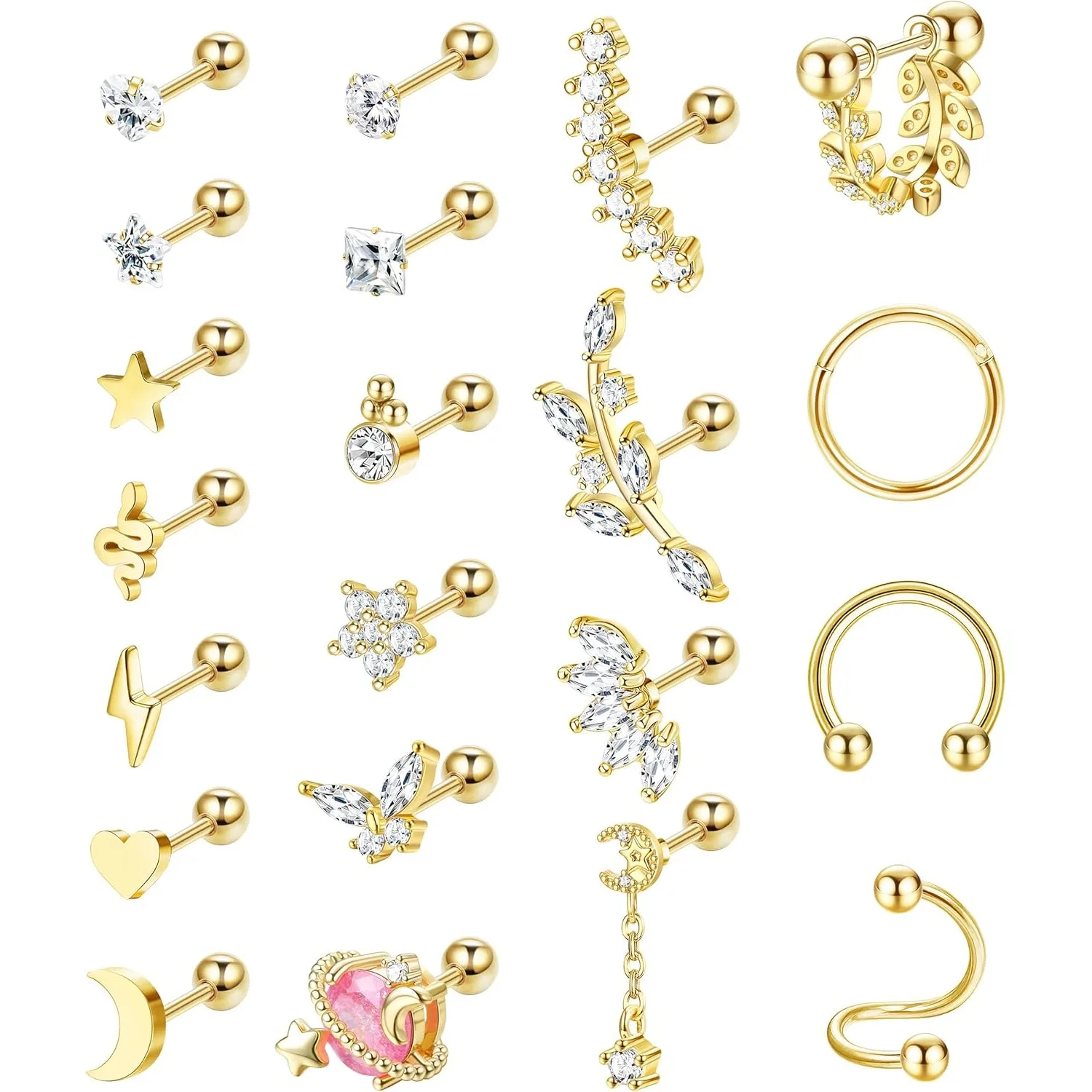 Drperfect Cartilage Earring Set for Women 20G 16G Stainless Steel CZ Lightning Stud Hinged Hoop Earrings Helix Tragus