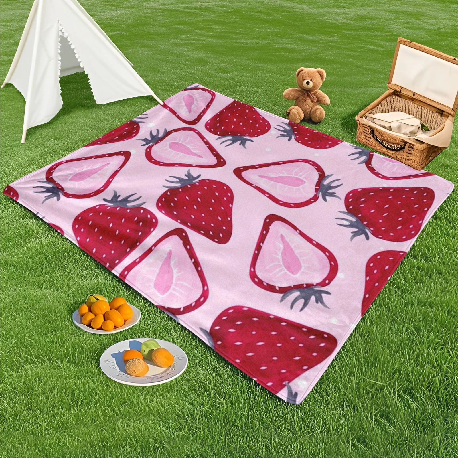 Manta repetidora con diseño de fruta y fresa para exteriores, color rosa, para picnic y accesorios esenciales para la vida