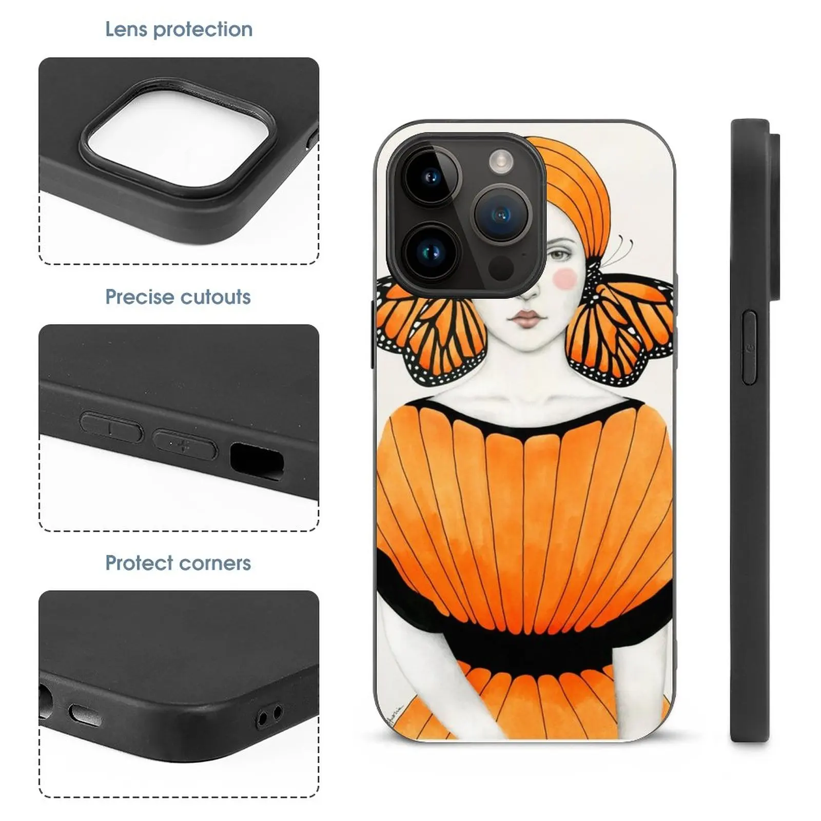 Anais Phone Case For Iphone 16 15 14 Pro Max 13 12 Mini 11 Xr 7 8 Plus Tempered Glass Case Cover Woman Orange Monarch Portrait