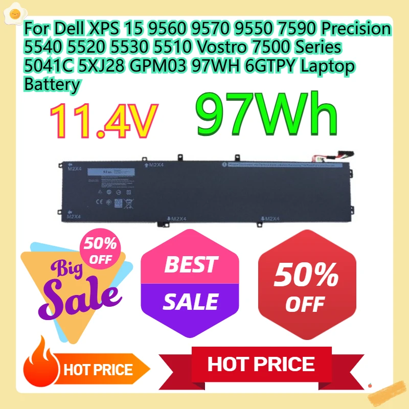 

For Dell XPS 15 9560 9570 9550 7590 Precision 5540 5520 5530 5510 Vostro 7500 Series 5041C 5XJ28 GPM03 97WH 6GTPY Laptop Battery