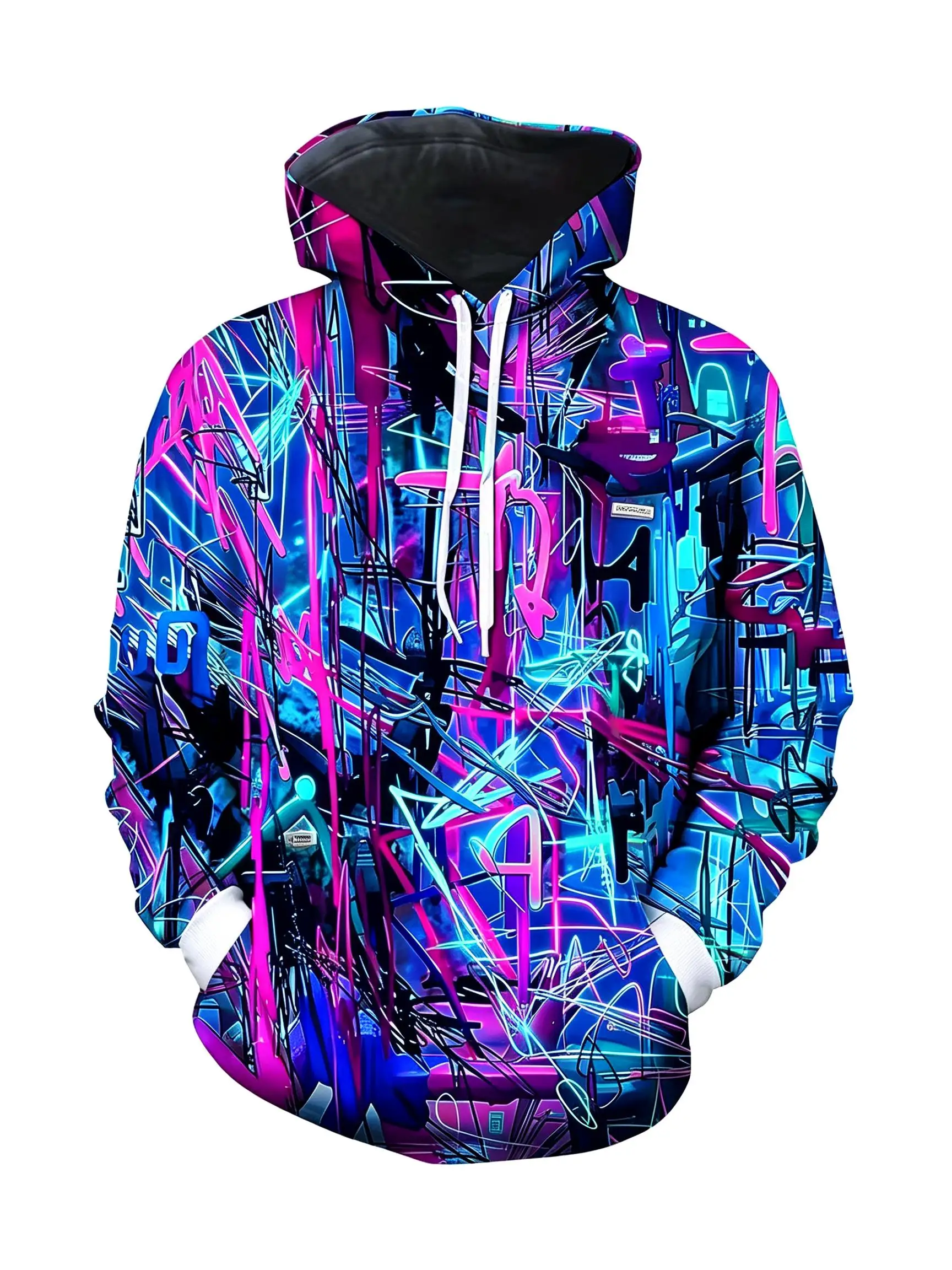 2026 Men's Hoodie Thin Autumn Winter Cyber Neon Graffiti Print Long Sleeve Male Casual Streetwear Sweatshirt Tops Clothes