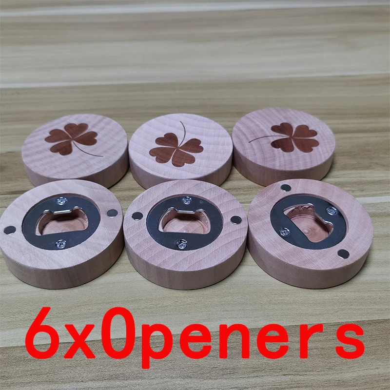 

6Pcs Four-leaf Clover Wood Fridge Magnets Bottle Opener Photo Wall Message Magnet Sticker Wooden Bottle Openers