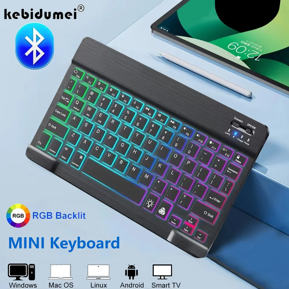 Mini teclado inalámbrico Bluetooth teclado recargable retroiluminado de 7 colores teclado silencioso para PC Android Windows iPad