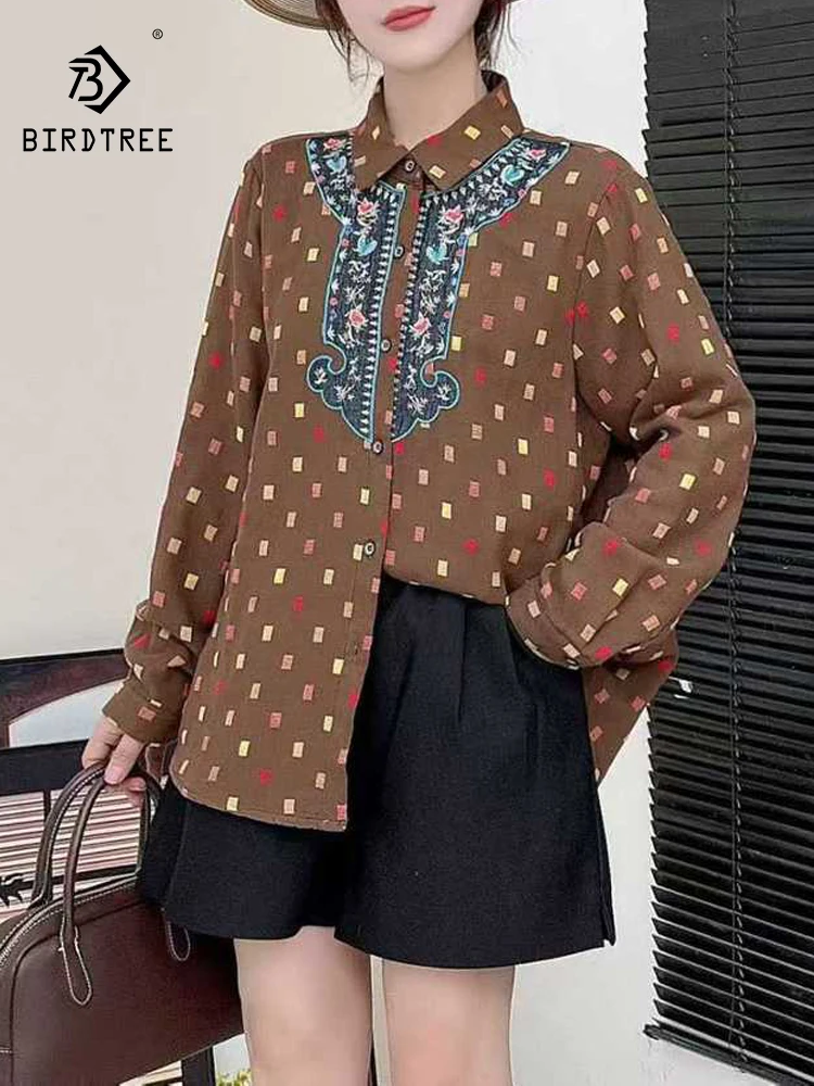 

Новинка 2025, осенняя рубашка с длинными рукавами из хлопковой пряжи, женская рубашка с отложным воротником и вышивкой, повседневная свободная блузка в стиле ретро Mori Girl T5O610CC