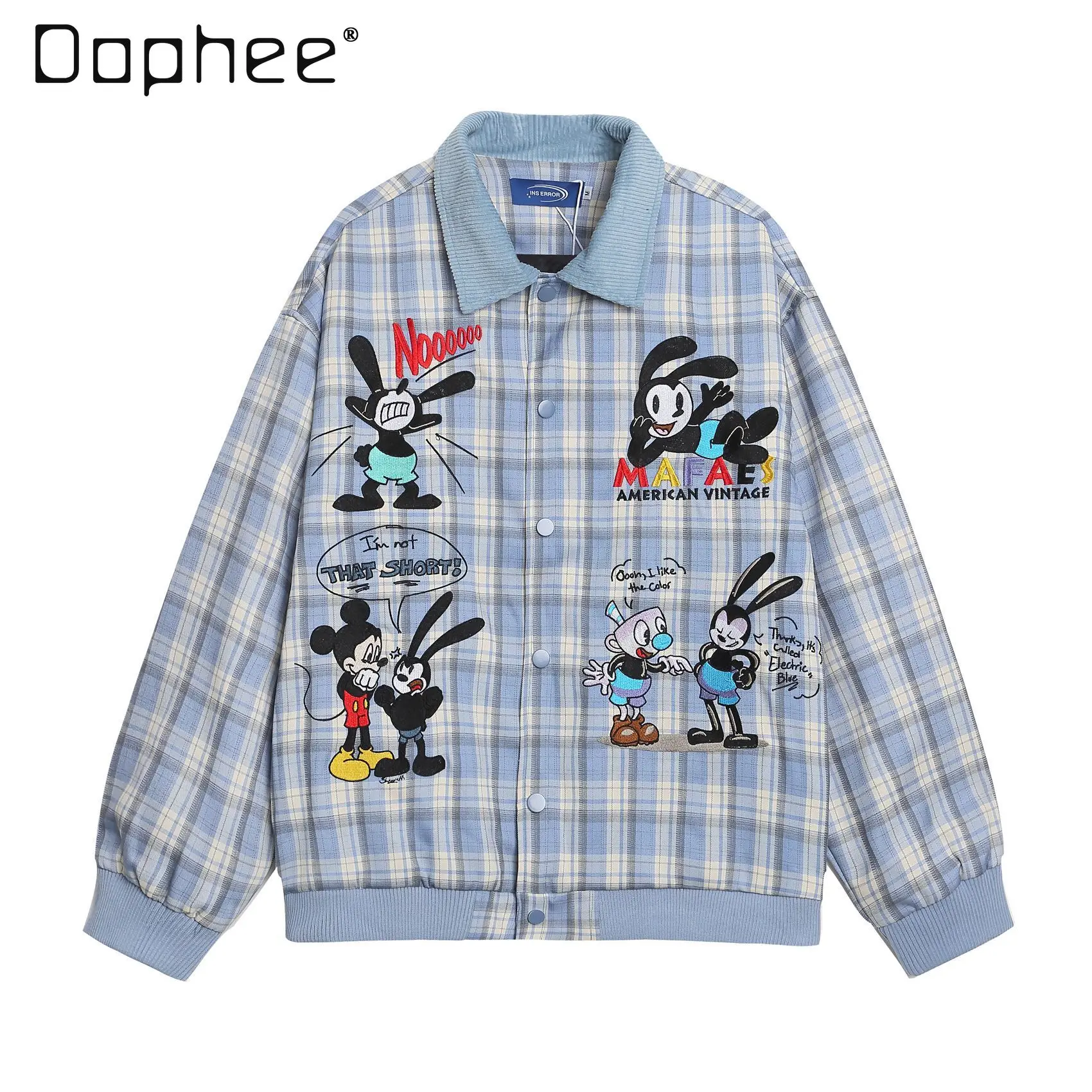 

Cartoon Embroidered Plaid Turn-down Collar Jacket for Women Autumn and Winter American Retro Loose Casual Couple Versatile Coat