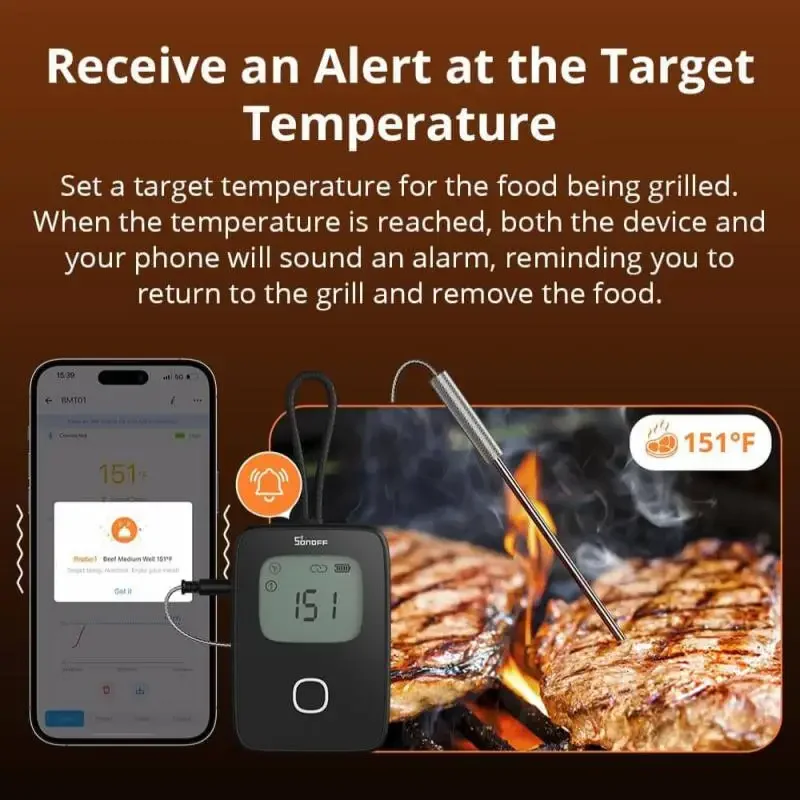 SONOFF BMT01 Smart BBQ Meat Thermometer Wireless Grill Thermometer Ewelink App Alert Real-Time Temperature Chart & Cooking Timer