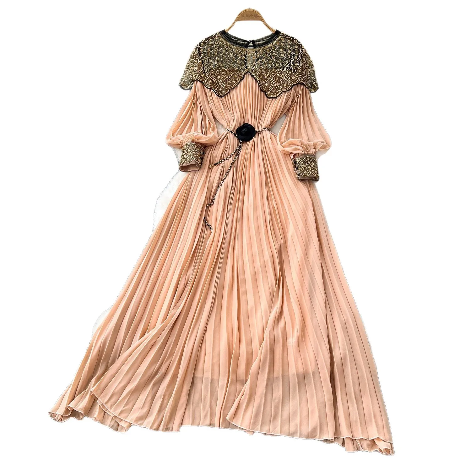 Women Long Pleated Dresses A Line Dress Spliced Mesh Shawl Long Sleeves Maxi Lenth Straight Office Lady Casual 2025 Autumn