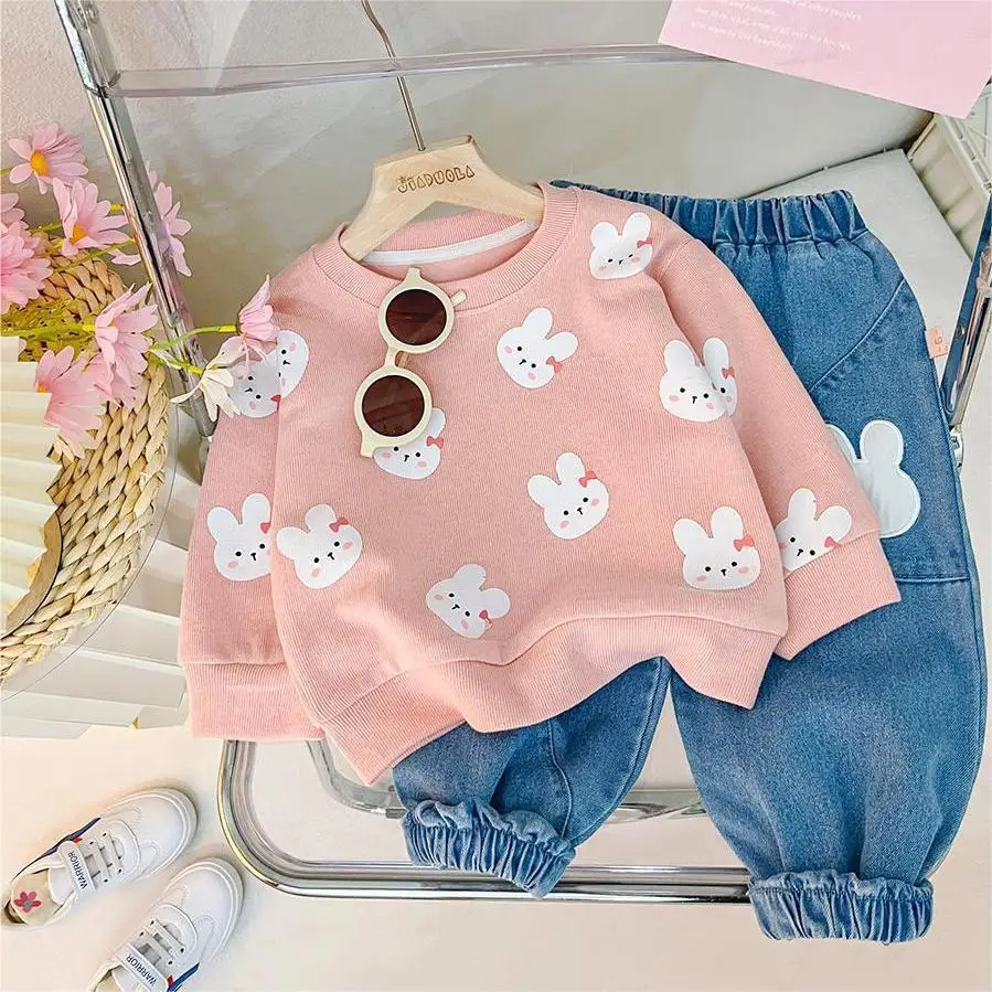 Spring Autumn Baby Boys Girls Clothing Sets Cute Cartoon Bear Rabbit Sweatshirt Tops + Denim Pants Jeans Kids Casual Clothes