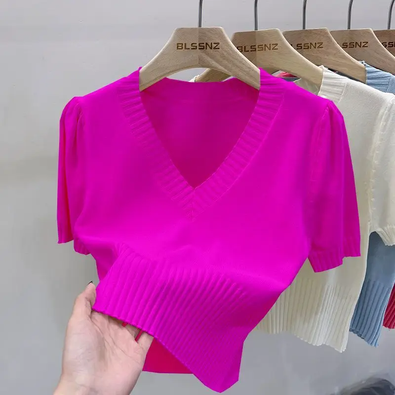 Cropped Deep V Neck Short Sleeve Knit Top Women Collarbone Showing Niche Design Casual Spring Pullover Shirt