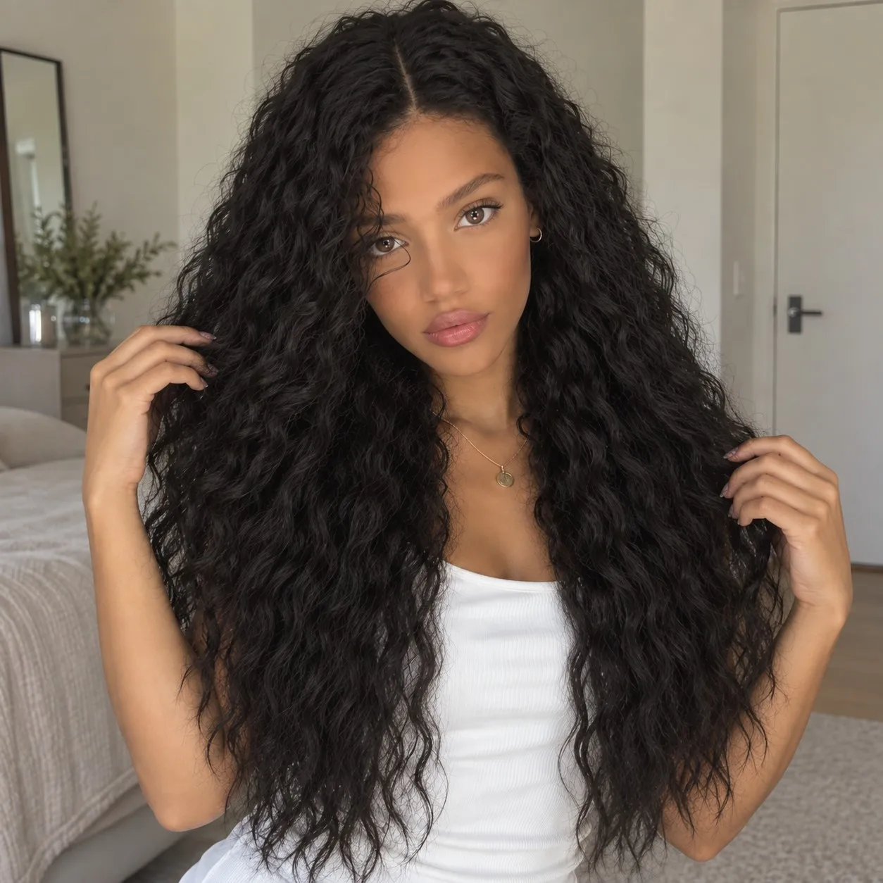 Women's black long curly hair wig, fluffy water ripple curly synthetic fiber wig, high-density soft hair