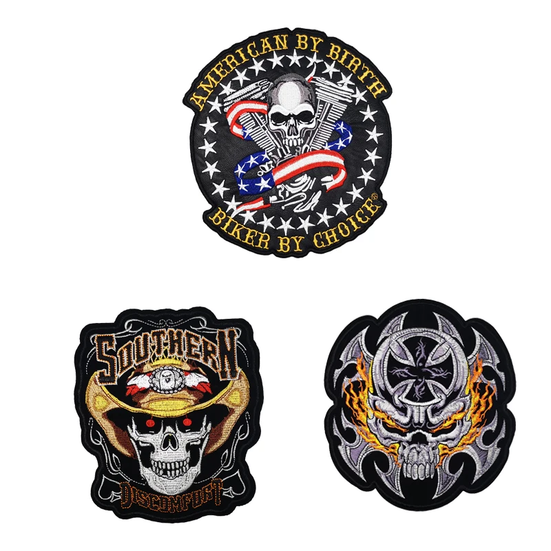 Skull PU Material Flannelette Flame For Jacket Back Vest  Biker Badges Clothes Embroidery Patch Applique Accessories Iron On