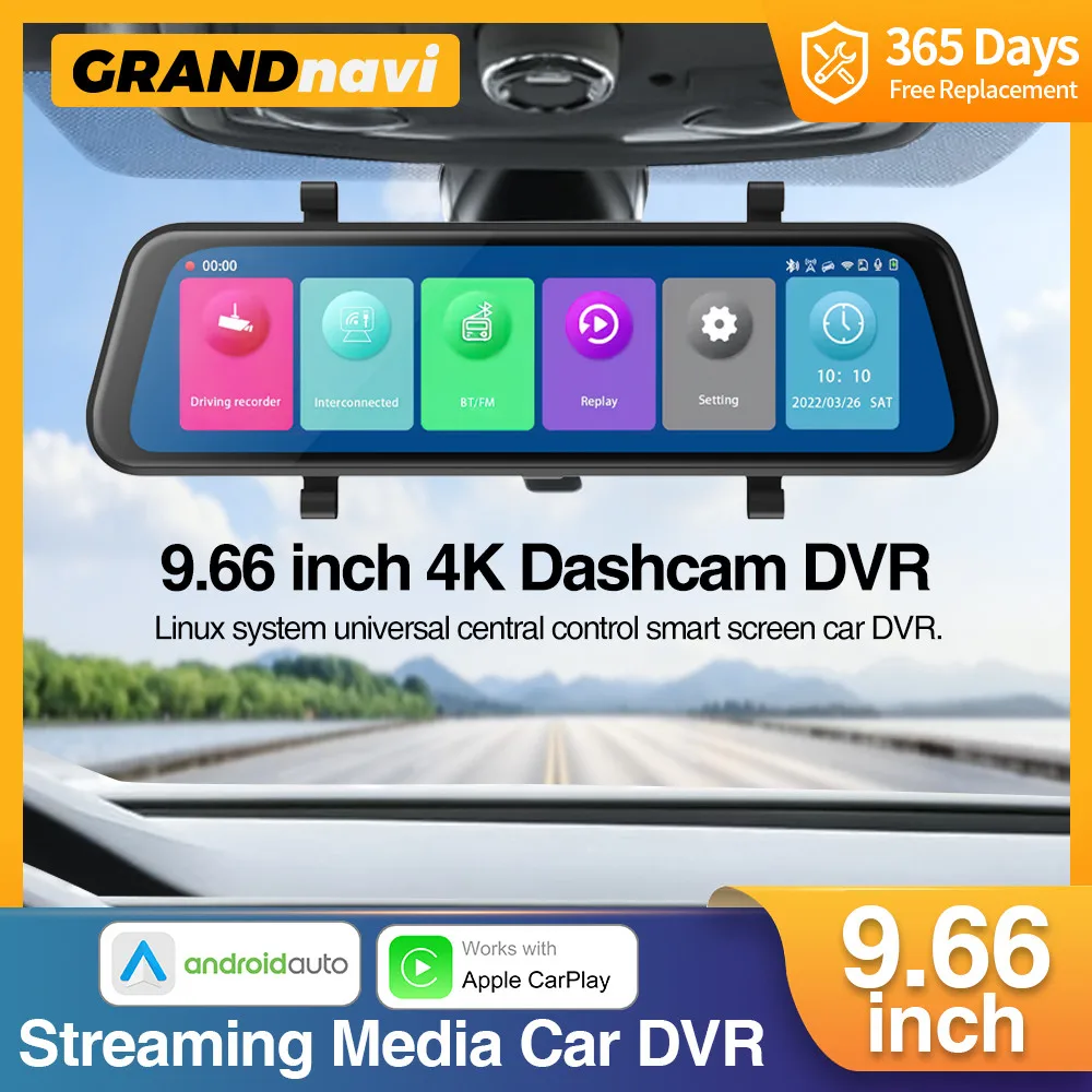 

Grandnavi 4K Car DVR Mirror camera for car touch screen Dash cam Recorder Dual Lens Night Version Carplay Android Auto 9.66 inch