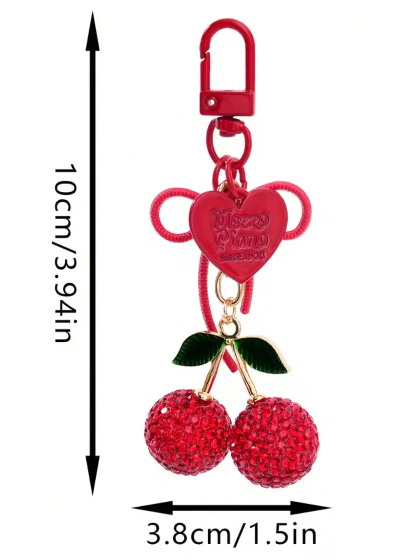 1pc Big Size Red Rhinestone Cherry Keychain, Sparkling Red Cherry Pendant with Green Leaves, Red Heart & Bow Charms, Alloy Metal