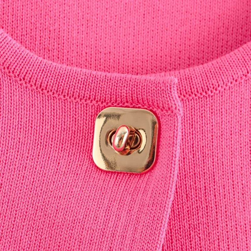 패션 여성 핑크 탑 반팔 원버튼 장식 니트 셔츠 휴가용 탑