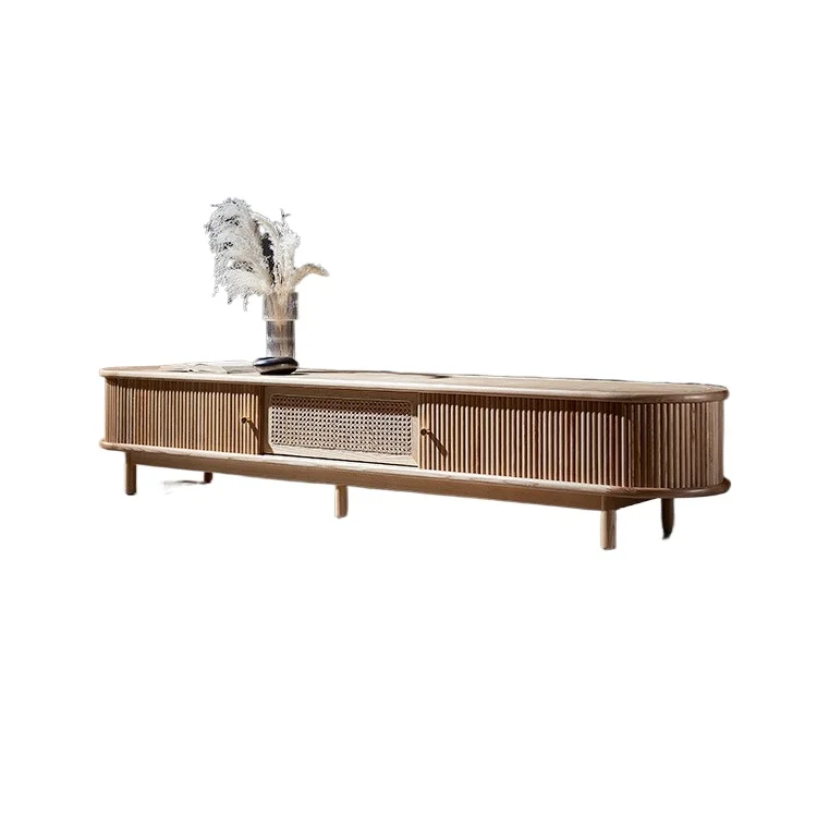 

Nordic solid wood rattan glass TV cabinet Japanese log creative rolling shutter door retro TV cabinet small apartment