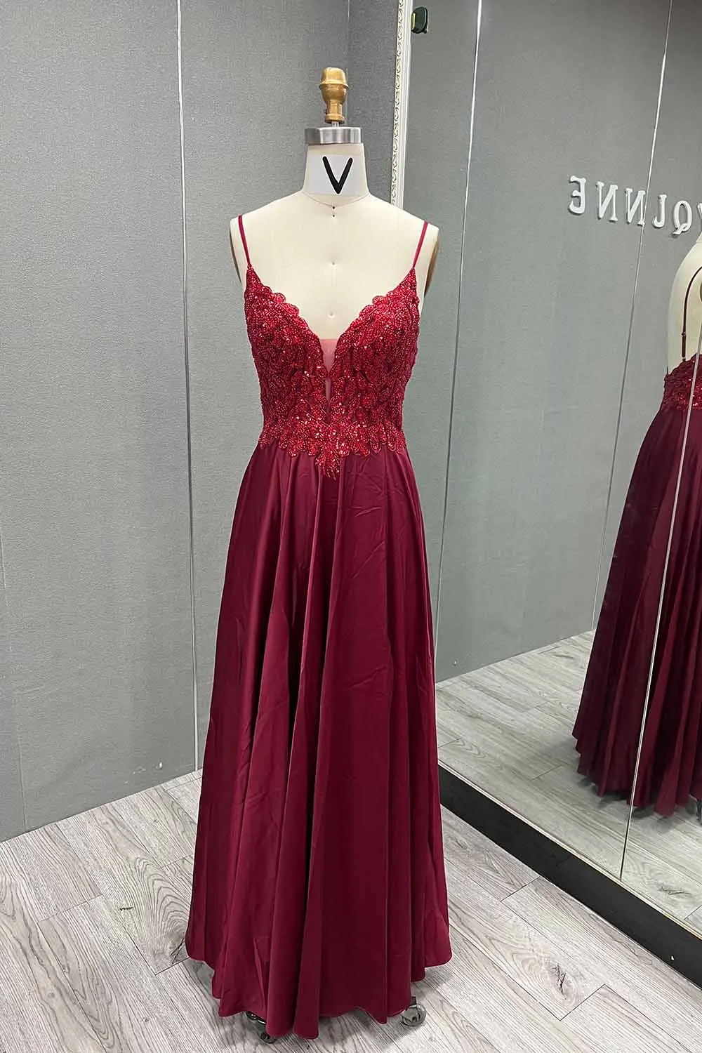 YQLNNE 2024 Wine Red Silk Satin Long Prom Dresses Spaghetti Beading Embroidered Formal Party Gown With Slit