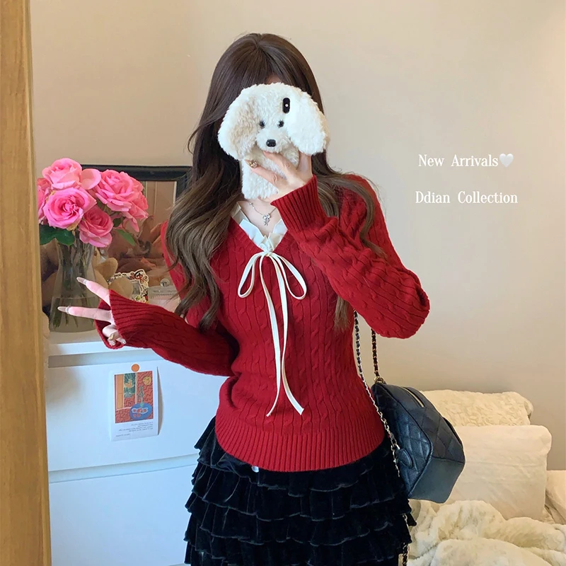 蝶ネクタイ長袖ニットセータープルオーバー女性 Y2K レーススプライスツイストセーター秋プレッピースタイルヴィンテージ V ネックジャンパー