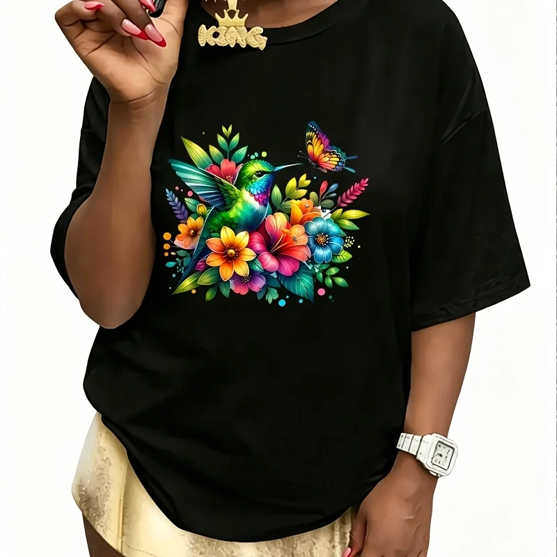 Hummingbird Flower Butterfly Women's 100% Cotton T-Shirt Short Sleeve Top Casual Round Neck Fun Print Tee S-5Xl