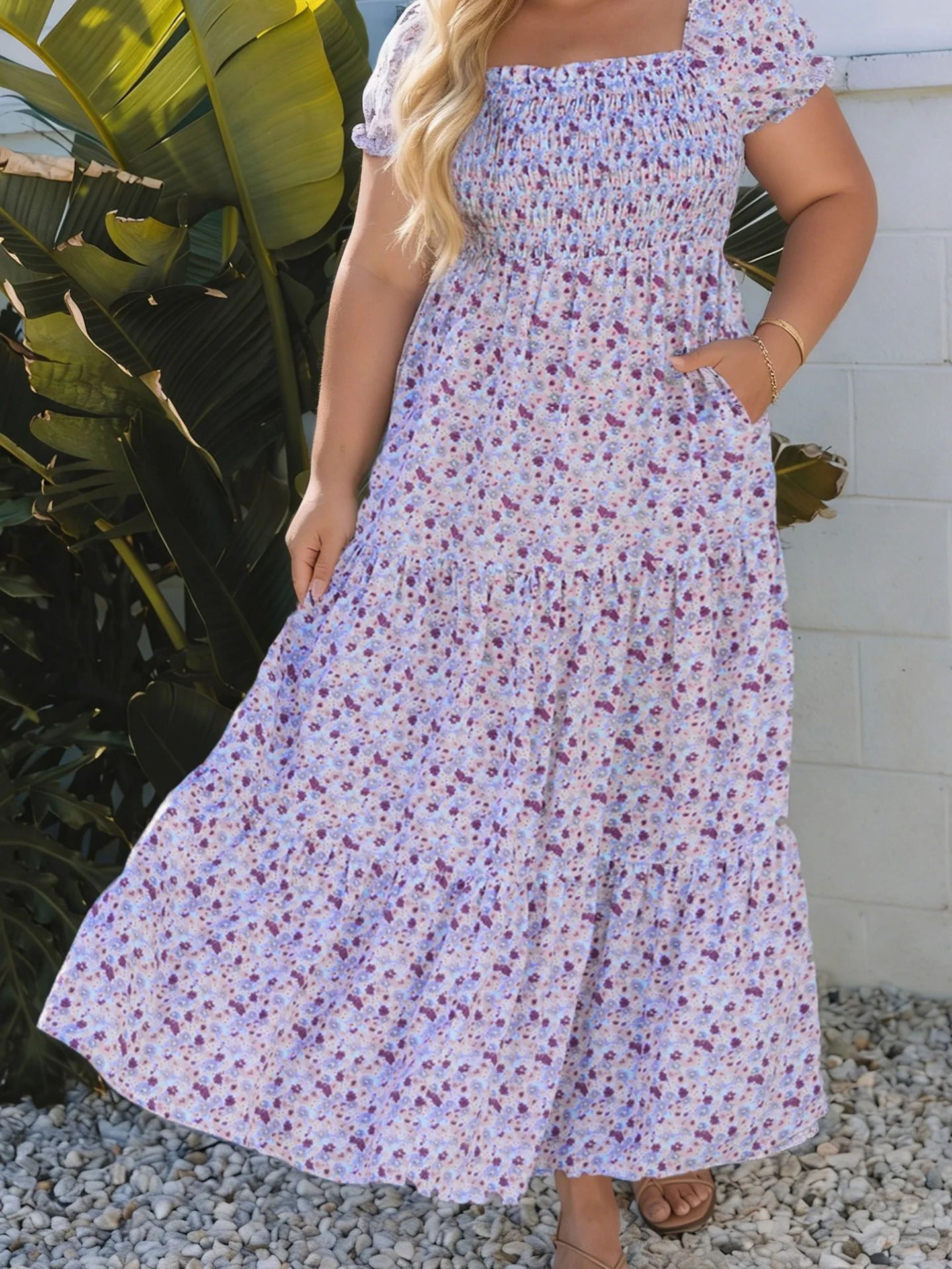 

DearLover plus Size Floral Print Short Sleeve Dress Women's Summer Casual Breathable Long Dress High Waist A-Line Skirt