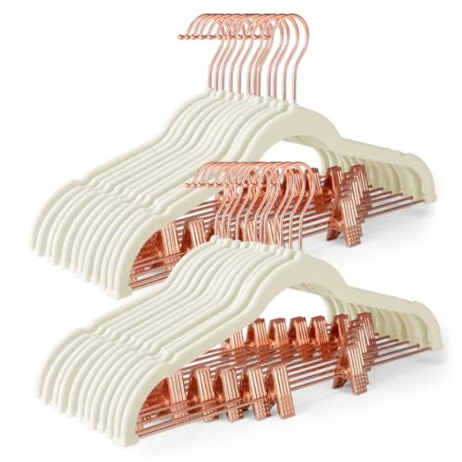 Paquete de 24 Perchas de Terciopelo para Faldas y Pantalones, Antideslizantes, con Clips Dorados, Perchas Delgadas con Clips, Perchas de Terciopelo para Jeans