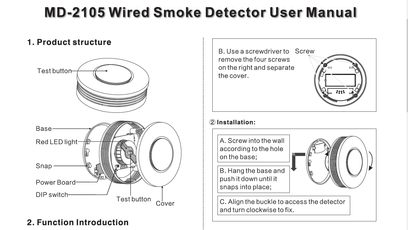 Meian-Sensor de humo fotoeléctrico MD-2015, Detector de alarma de incendios, Cable conectado con alarma, Host, zona de 24 horas