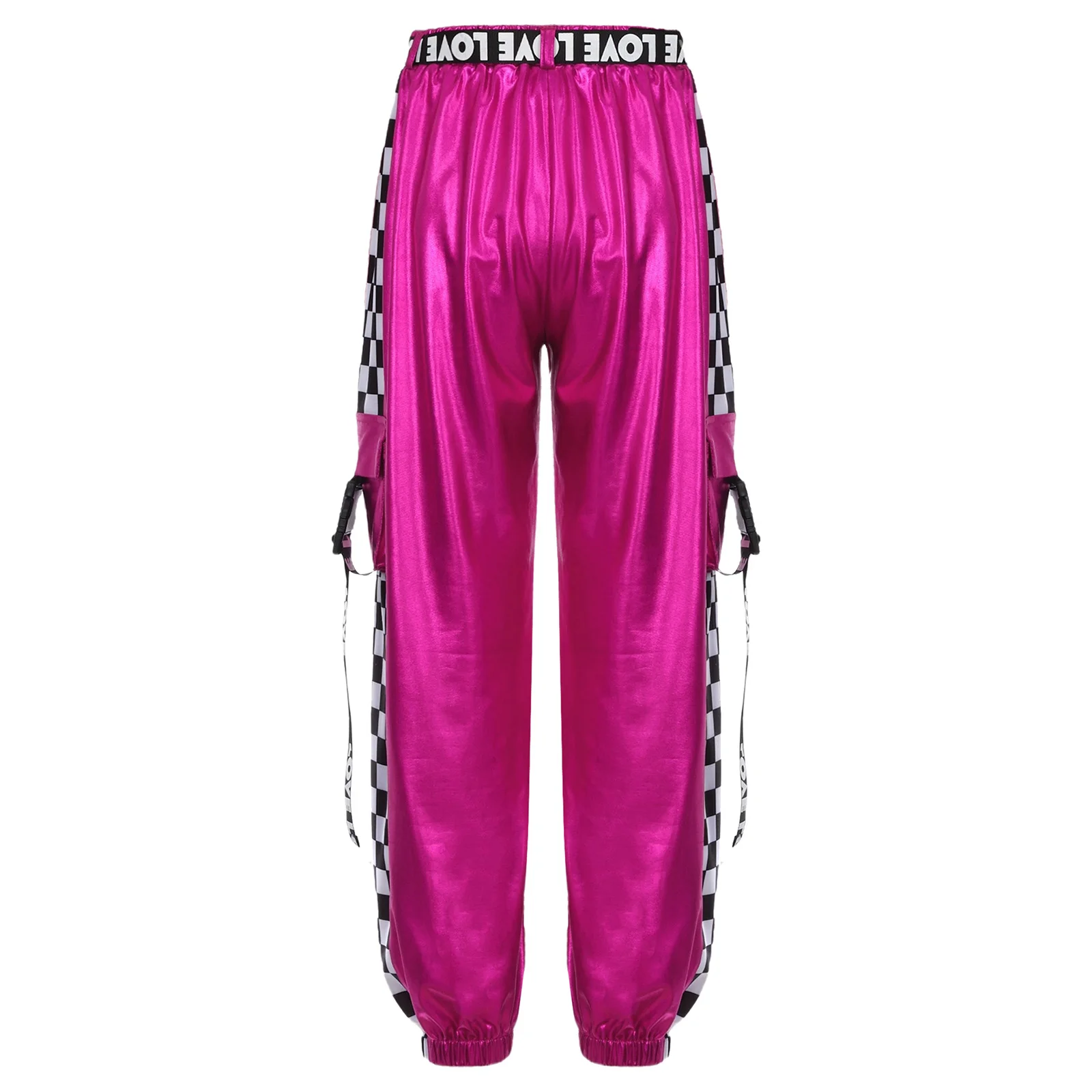 Kids Girls Hip Hop Street Dance Trousers Checkered Costume Metallic Gloss Pants with Belt for Stage Performance Dance Classes