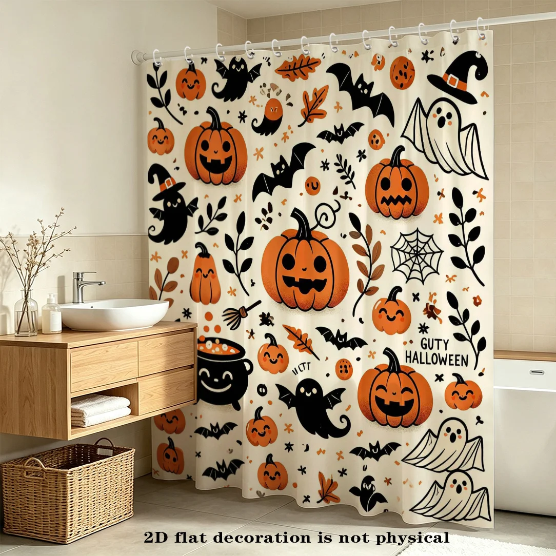 2D Flat, 2D Flat, 2D Flat Shower Curtain 1pc Halloween Horror Pumpkin Bat Witch Printed Curtain, Thrilling Holiday Style, Polyester Fabric, Includes Hook, Easy to Hang And Install, Home And Hotel Bathroom Decor, Halloween Themed Gift