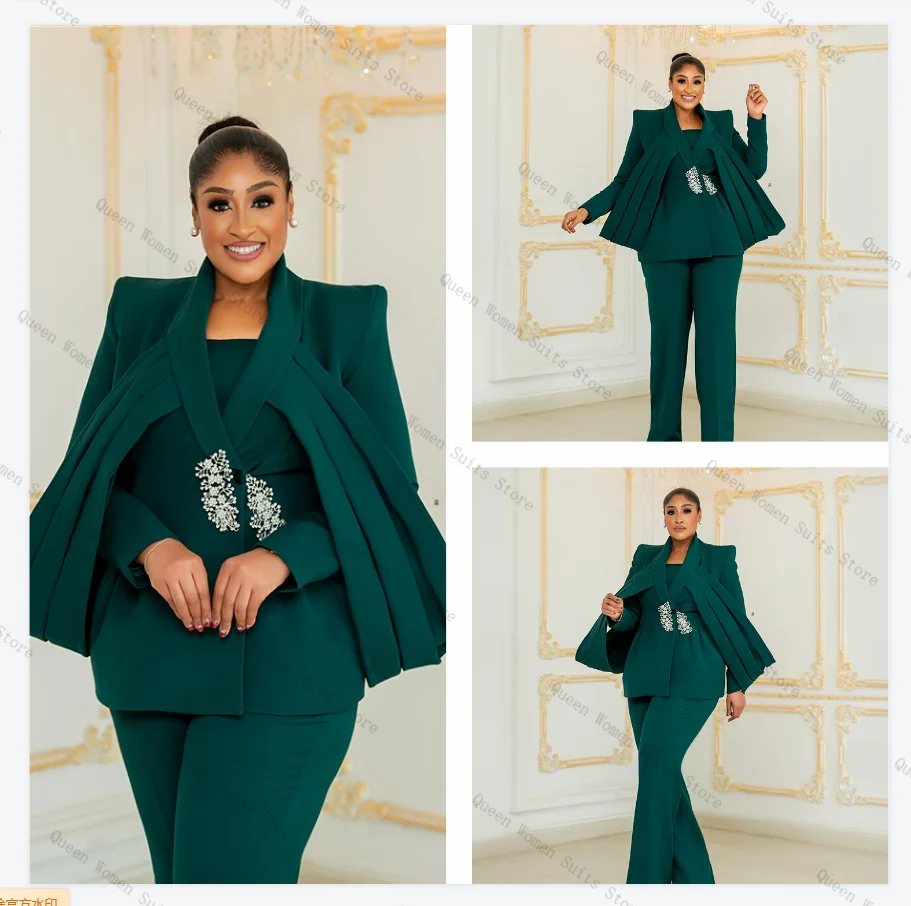 Dark Green Women Suit Set 2 Piece Blazer+Pants Trouser Luxury Formal Office Lady Jacket Cotton Wedding Bride Coat Customized
