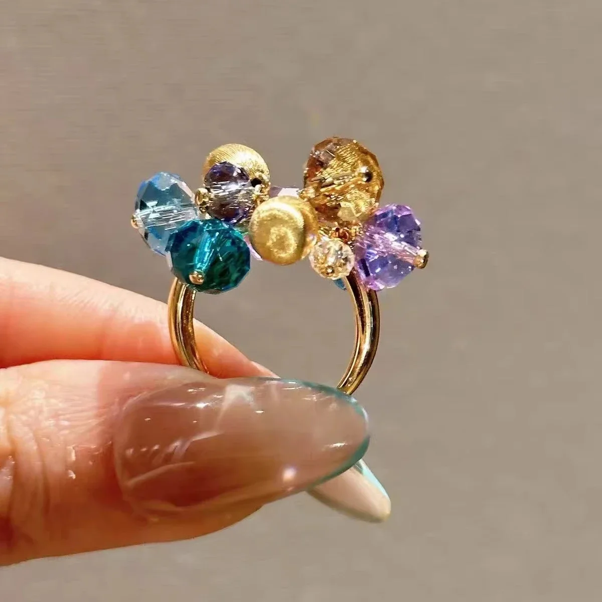 New Vintage Colorful Dopamine Color Blocking Gemstones Entwine Open Ring Women Summer Metal Versatile Finger Ring Jewelry Gifts