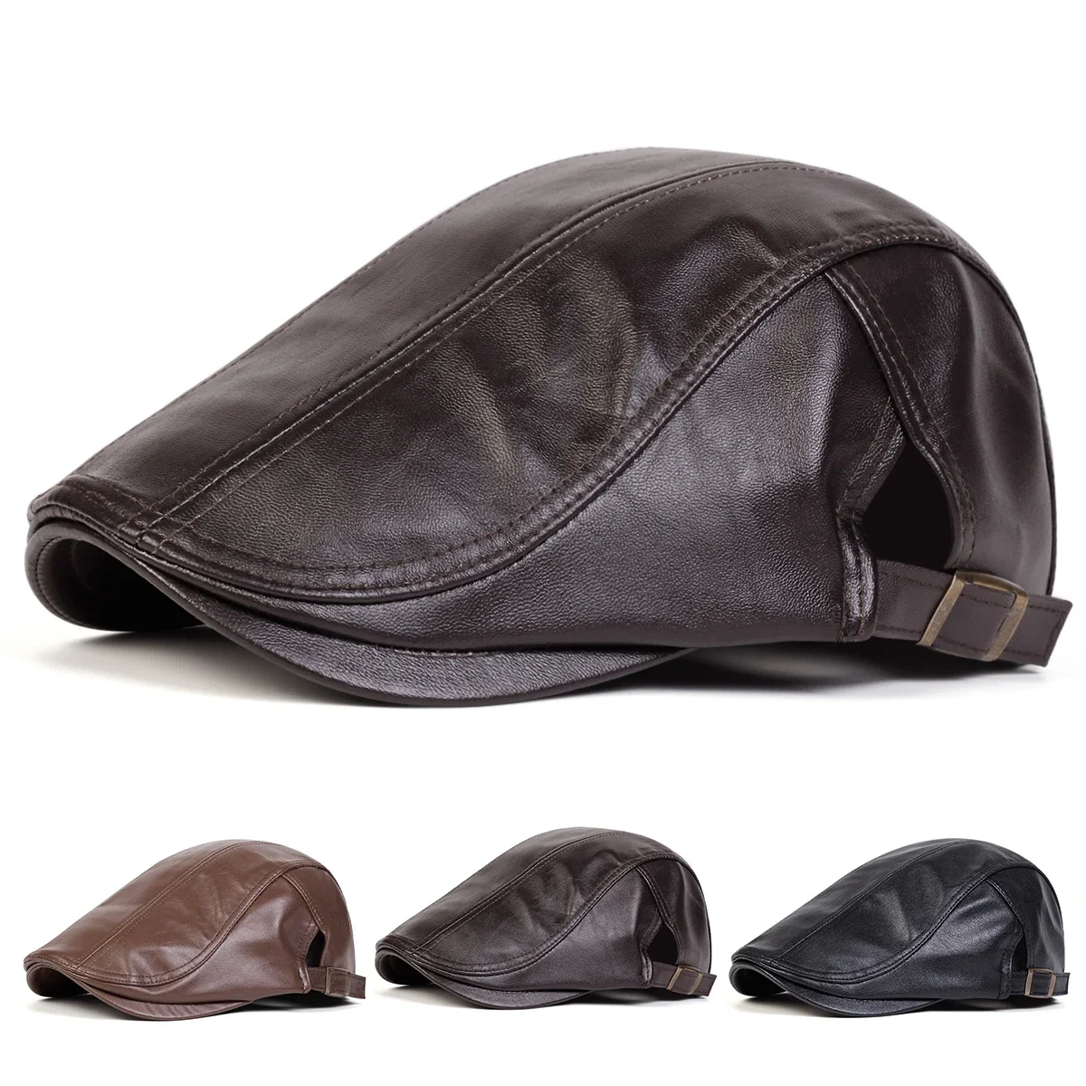 Herren Retro PU-Leder Einfarbige Newsboy Caps Britische Malerhüte Frühling Herbst Seitlich Verstellbare Flache Mütze Hip Hop Baskenmützen
