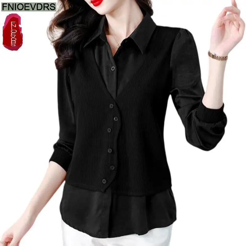 Patchwork Fake Two Piece Design Tops New Women Autumn 2024 Fashion Office Lady Elegant Retro French Tunic Button Shirts Blouses