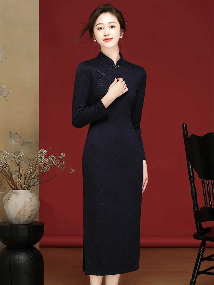 

Ele Long Knitted Sve Winter Autumn Qipao Dorabana Blue Mommy's Revamped New Year Daily Wear Comfortable Wool Blend