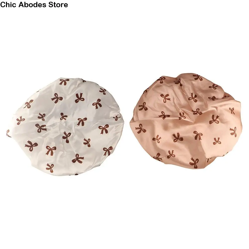 

Waterproof Double Layer Shower Caps Anti-Fouling Elegant Bow Pattern Design Hair Hat Thickened Reusable Bath Caps Adults