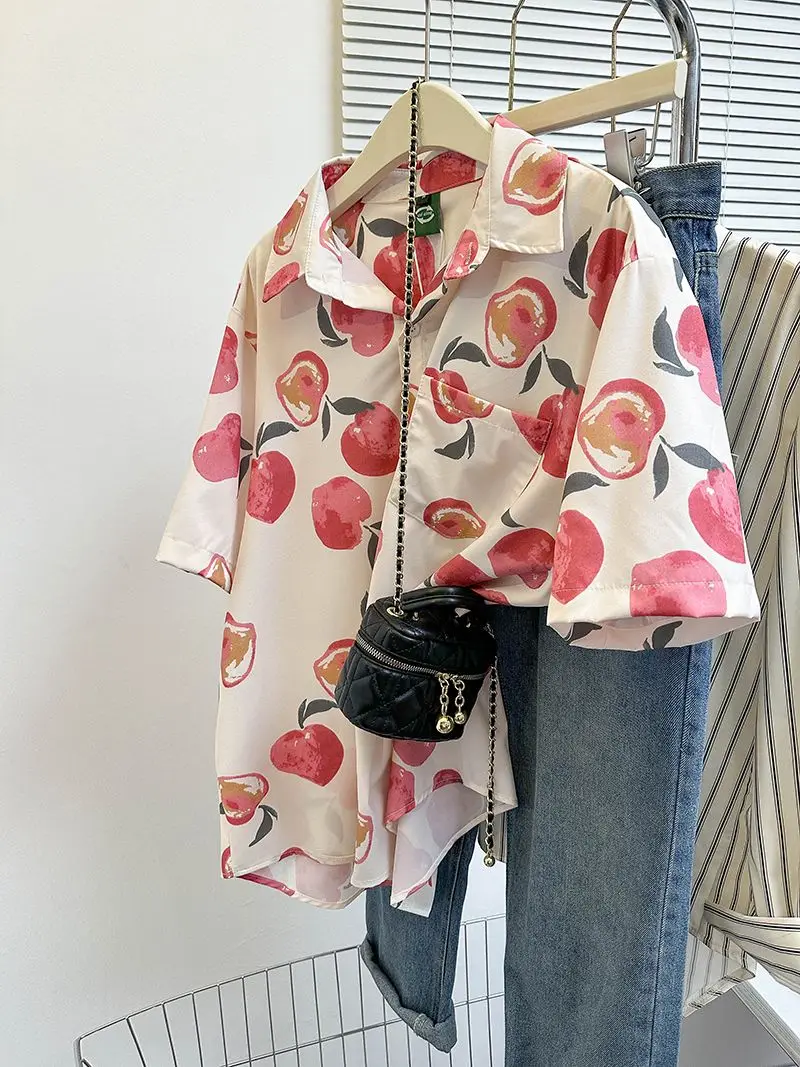 Peach all-over printed short-sleeved shirt 2024 summer new loose American retro Japanese fashion brand shirt jacket y2k tops emo