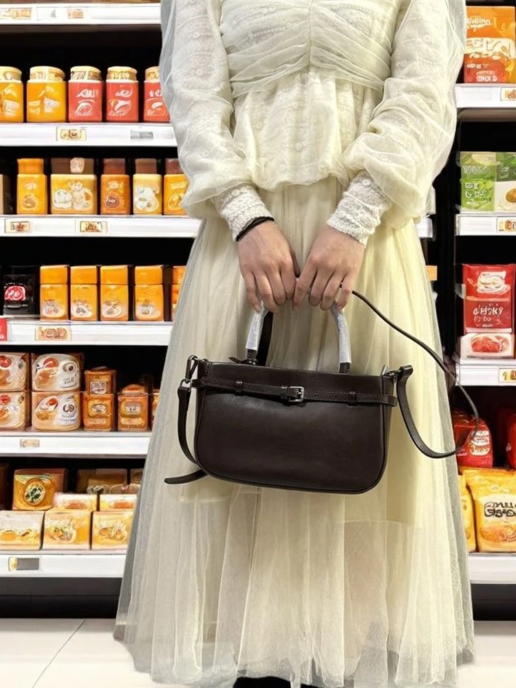 

Top Layer Cowhide Leather Handbag Simple Ele Cropped oulder Bag Briti Sle Soft Handle Medium Size Color