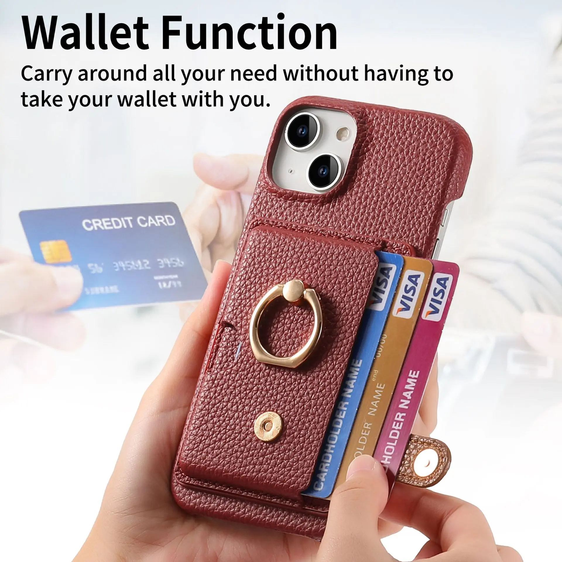 Leather Ring Support Phone Case for IPhone 17 Air 16E 18 16 15 14 13 12 11 Pro Max Plus Wallet with Card Holder Shockproof Cover