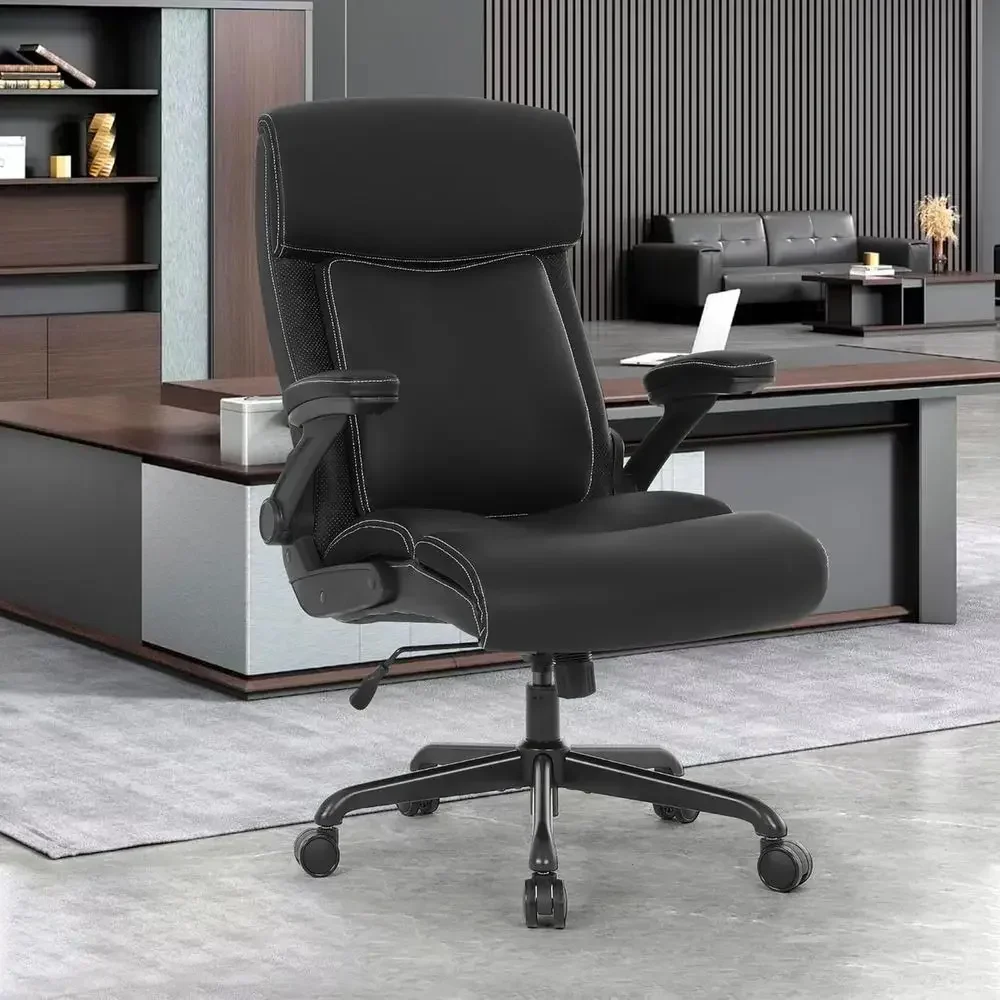 500lb Capacity High Back Leather Office Chair with Adjustable Height and Padded Armrests (Black)