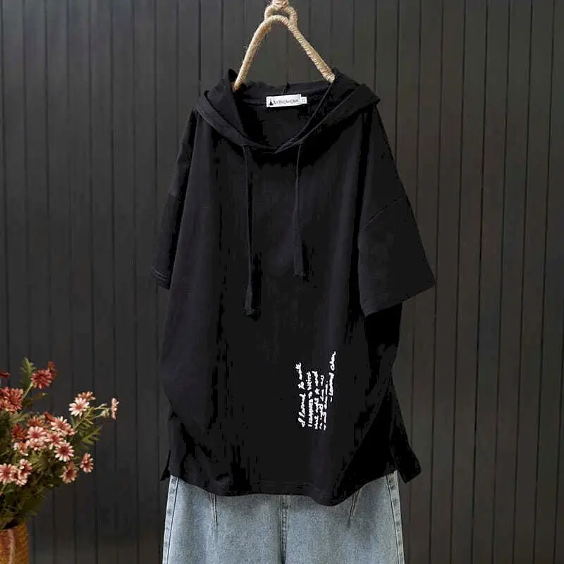 2024 New Short-sleeved T Shirts Women Hooded Printed Solid Color T-shirt Korean Style Fashion Loose Large Size All-match Tops