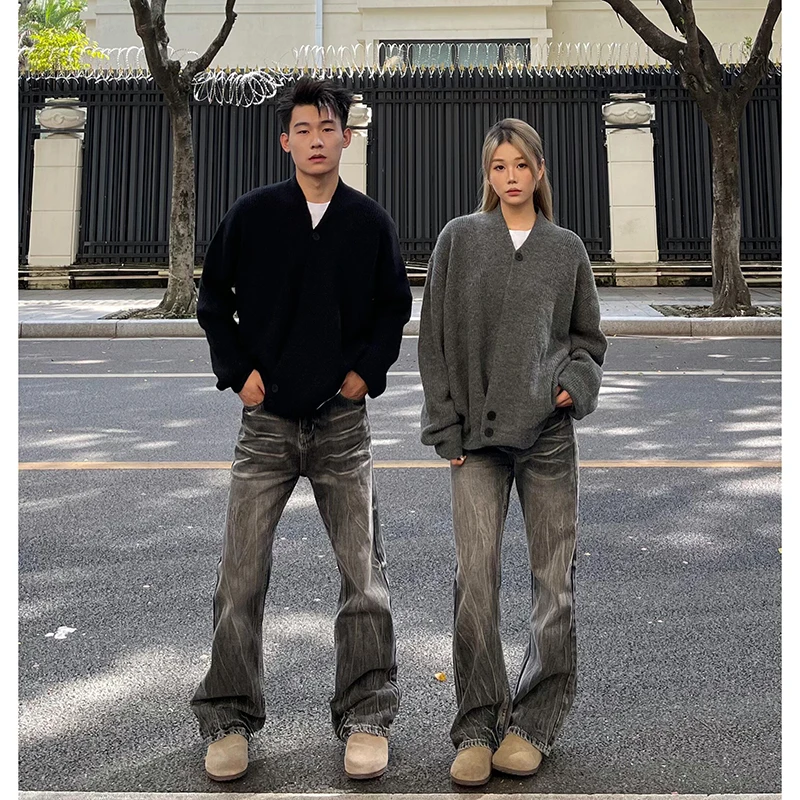 

Мужской осенне-зимний вязаный кардиган свободного кроя с V-образным вырезом, длинными рукавами, в стиле кимоно, повседневный, вязаный свитер-топ