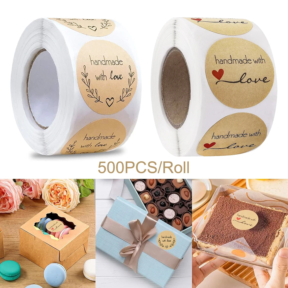 500pcs 1inch Handmade with Love Stickers Baking Kraft Paper Stickers Packaging Envelope Seals Wedding Birthday Party Gift Labels