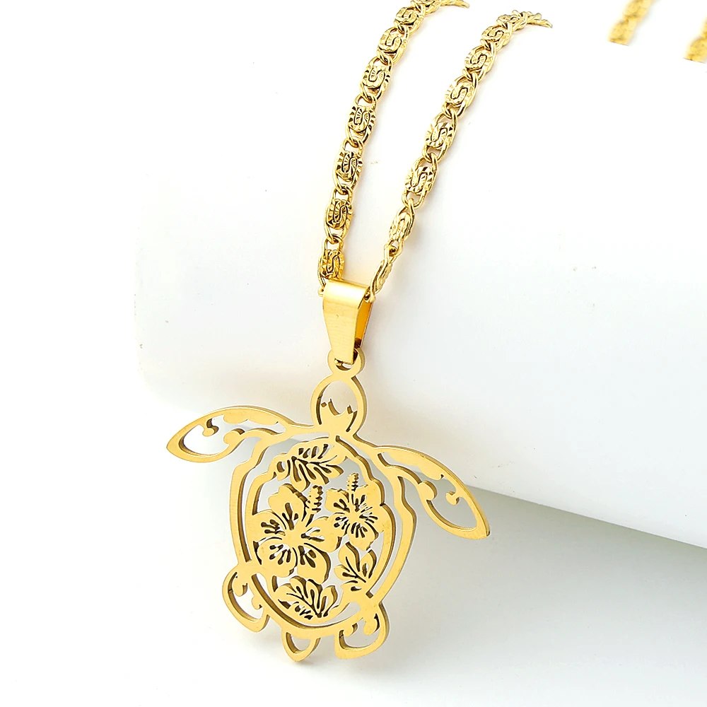 Green Turtle Hibiscus Flower Chain For Women Men Stainless Steel Silver Color Honu Ocean Vacation Boho Hawaiian Necklace Jewelry