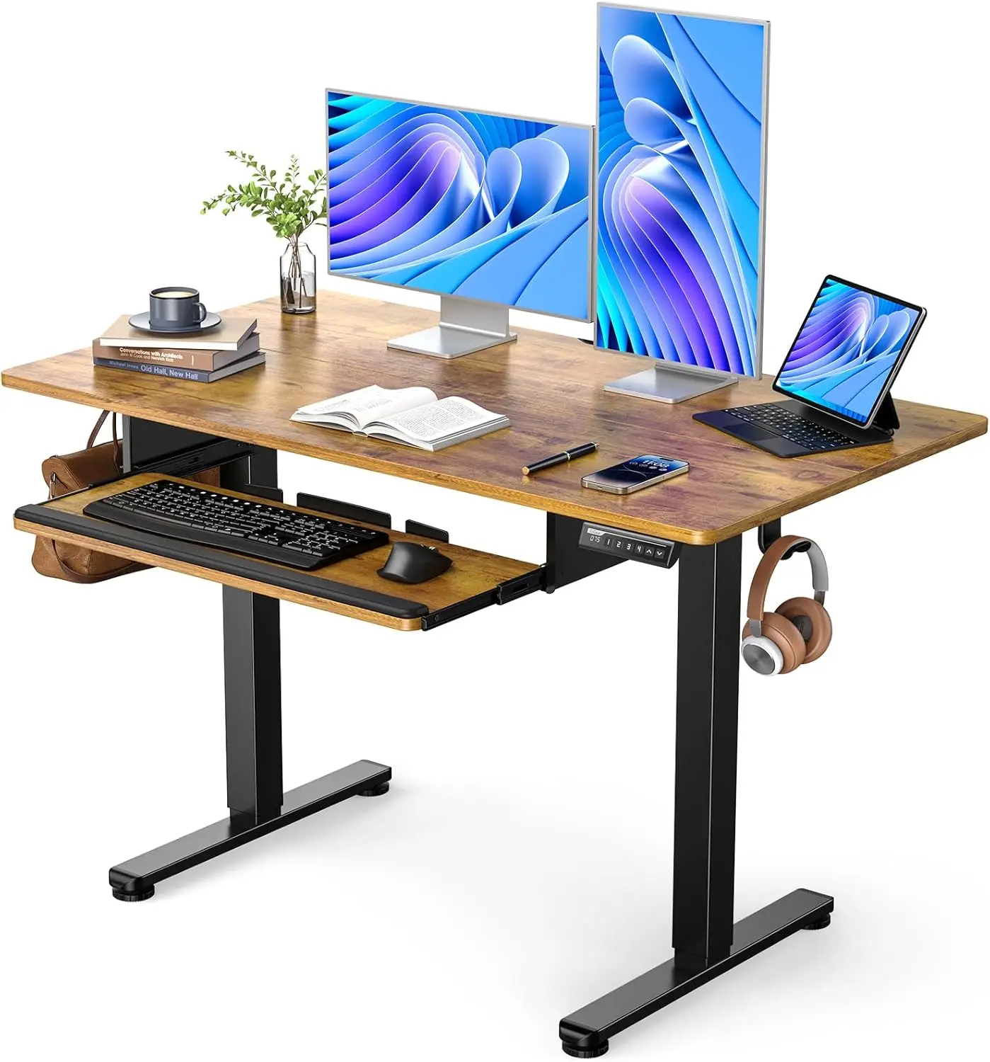 Electric Standing Desk with Full Size Keyboard Tray, Adjustable Height Sit Stand Up Desk, 48x24 Inches, Vintage Brown