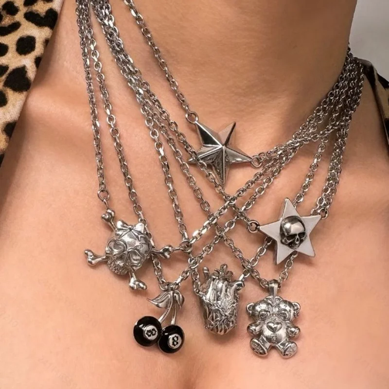 6Pcs Punk Necklace Set Skull Cross 8 Balls Cherry Anatomy Heart Bear Star Pendant Stackable Silver Necklace Women's Jewelry