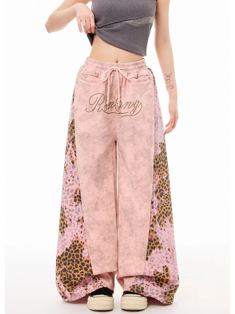 American Leopard Patchwork Pant Women Streetwear Hip Hop Retro Loose Y2K Trousers Fall Winter Bf Pockets Harajuku Letter Pants