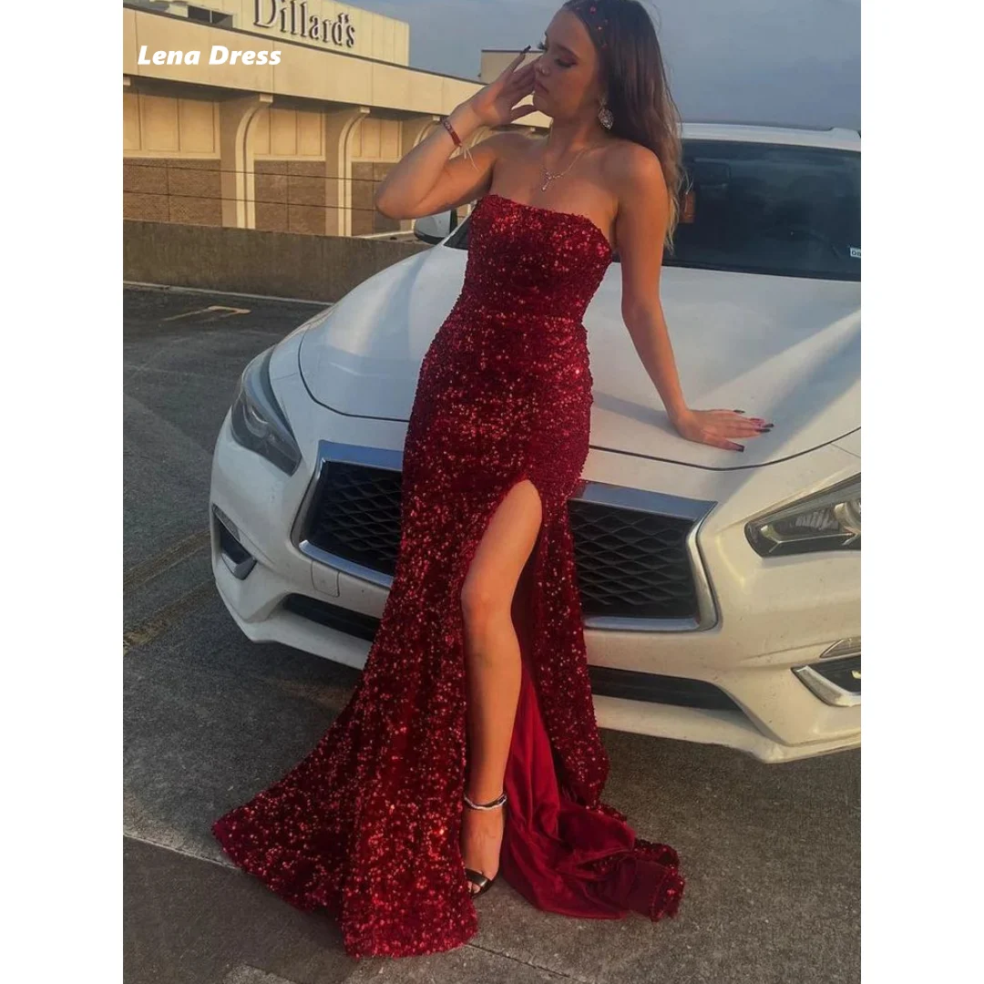 Lena Luxurious Women's Evening Dresses Elegant for Wedding Dress Claret Off the Shoulders Shiny Fishtail Side Slit Ball Gowns