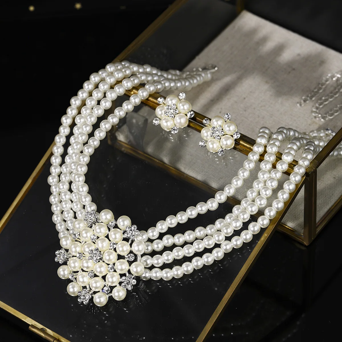 3pc New Multi-layer Pearl Necklace Earrings Exaggerated Temperament Jewelry Set Luxury Bridal Wedding Accessories As Gifts、 image 4