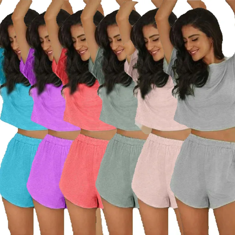 

2 Pcs/Set Summer Women Tracksuit O Neck Pure Color Short Sleeve T-shirt Drawstring Elastic Waist Shorts For Sport