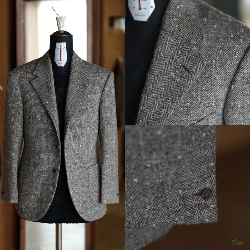 Elegant Men's Grey Herringbone Tweed Blazer with Notch Lapel and Patch Pockets Vintage Wool Blend Suit Jacket Custom MadeM264715