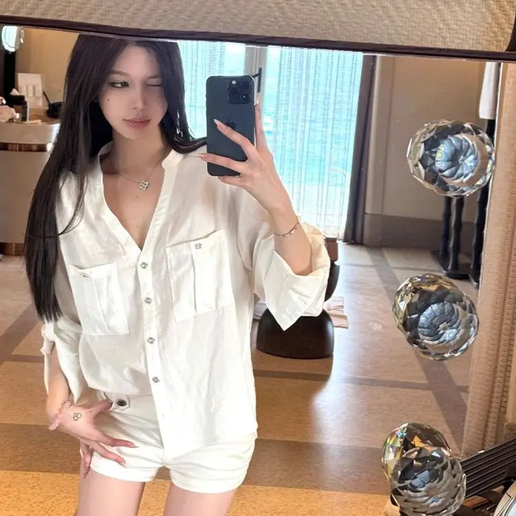 

Elegant White V-Neck Long Sleeve Women's Shirt Slimming Waist Design Loose Unique Commute Top Breathable Polyester Fiber