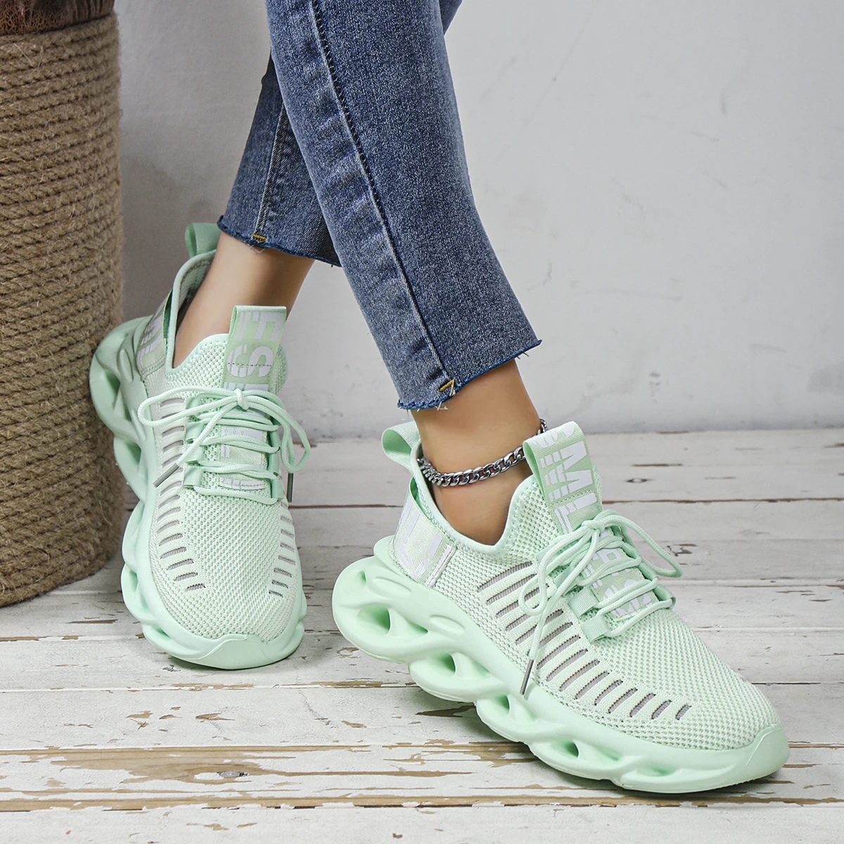 Women's Sporty Striped 'Mother' Print Decorated Blade Sole Fabric Slip-On Sneakers